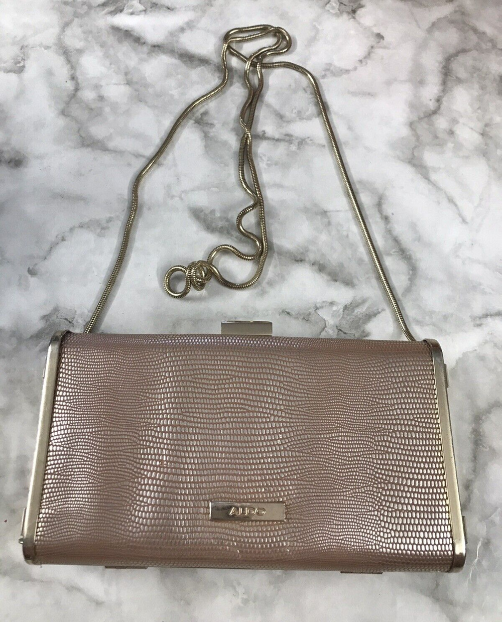 Aldo Gold Pebble Clutch Crossbody Sparkle Crossbody Bag Gold Straps Chain 7"x4"